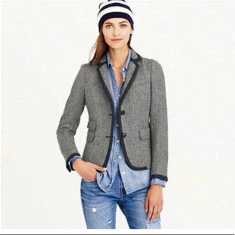 J Crew Tweed Herringbone Tipped Schoolboy Blazer